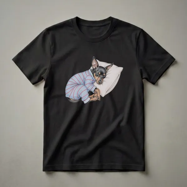 A black and tan Miniature Pinscher dog wearing blue and red striped pajamas, sleeping peacefully on a white pillow, rendered in a detailed drawing style.