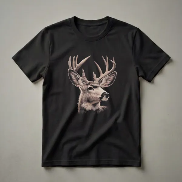 A detailed drawing of a mule deer's head and large, branching antlers against a solid black background, printed on a t-shirt.