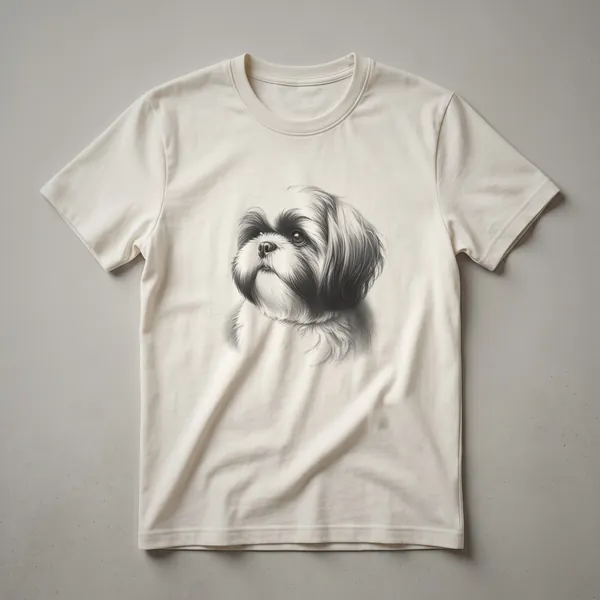 Black and white vintage line drawing of a Shih Tzu dog's face, showcasing its distinctive features, on a t-shirt.
