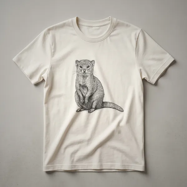 A black and white line drawing of a mongoose sitting upright, with detailed fur texture and alert eyes, on a dark background.