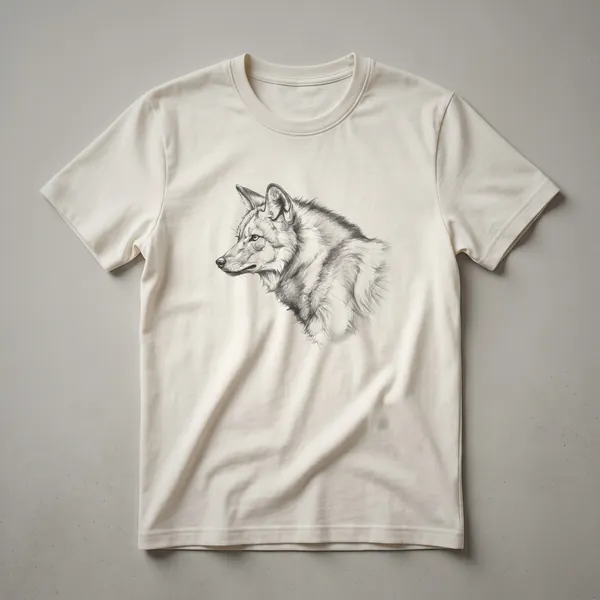 Black and white line drawing of a maned wolf's head and shoulders in profile, depicted on a dark t-shirt.