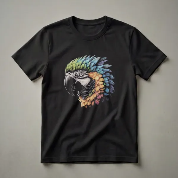 A detailed drawing of a colorful macaw parrot's head, featuring vibrant green, blue, orange, and pink feathers, on a black t-shirt.