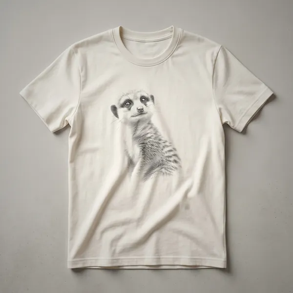 Black and white vintage drawing of a meerkat's head and upper body on a black t-shirt.
