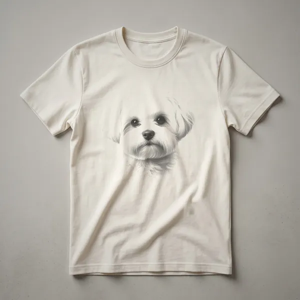 Black and white vintage line drawing of a Maltese dog's face on a t-shirt, showcasing its gentle expression and flowing coat.