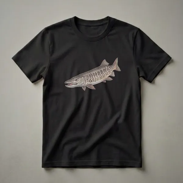 A vintage drawing of a Muskie fish with dark, chain-like markings and sharp teeth, depicted on a black t-shirt.