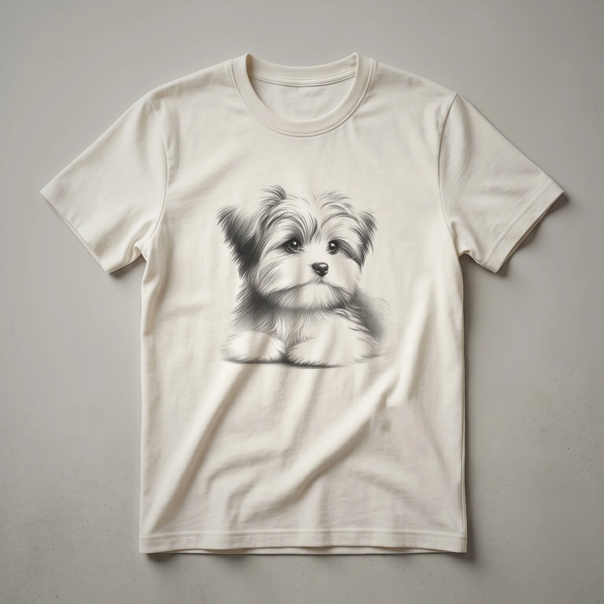 Black graphic t-shirt featuring a detailed sketch of a Morkie dog's face with expressive eyes and textured fur.