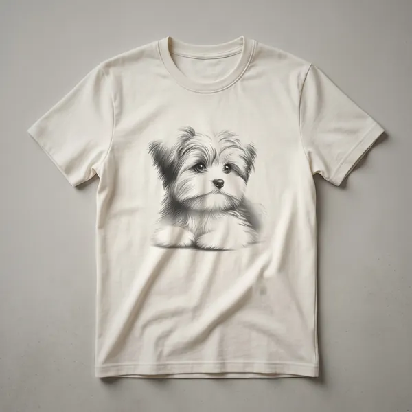 Black graphic t-shirt featuring a detailed sketch of a Morkie dog's face with expressive eyes and textured fur.
