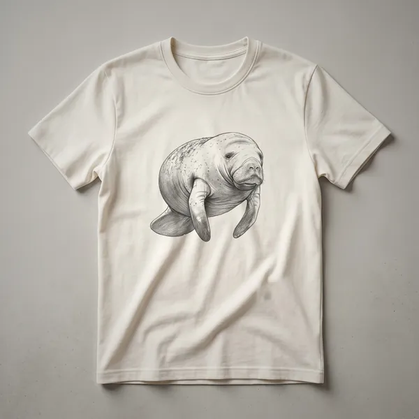 A black and white line drawing of a manatee swimming, depicted on a dark t-shirt.