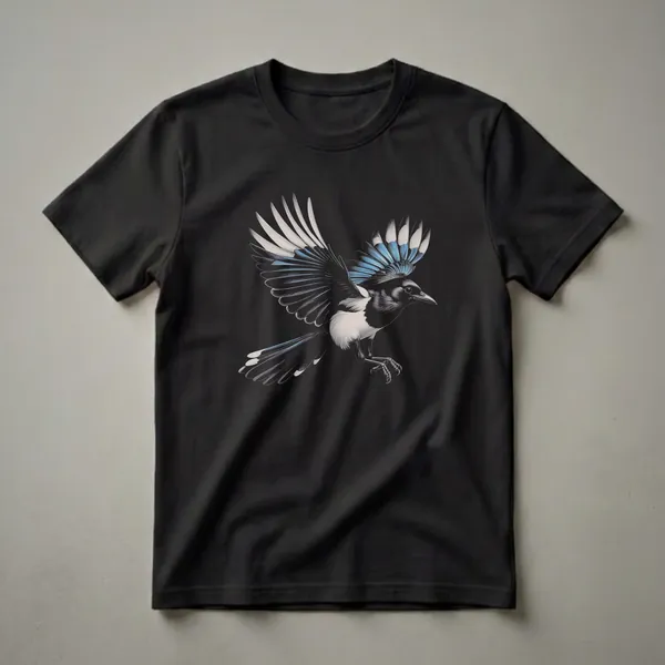 Black t-shirt with a detailed vintage drawing of a magpie in flight, showcasing its black, white, and blue feathers.