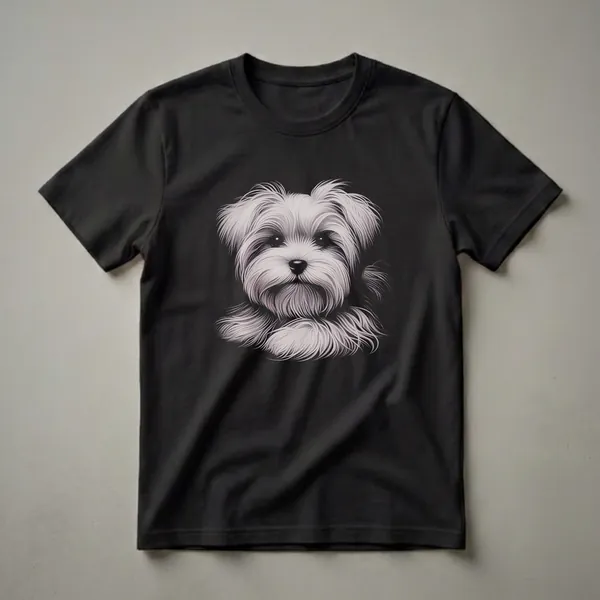 Black t-shirt featuring a detailed monochromatic sketch of a Maltese dog's face with fluffy white fur and dark eyes against a black background.