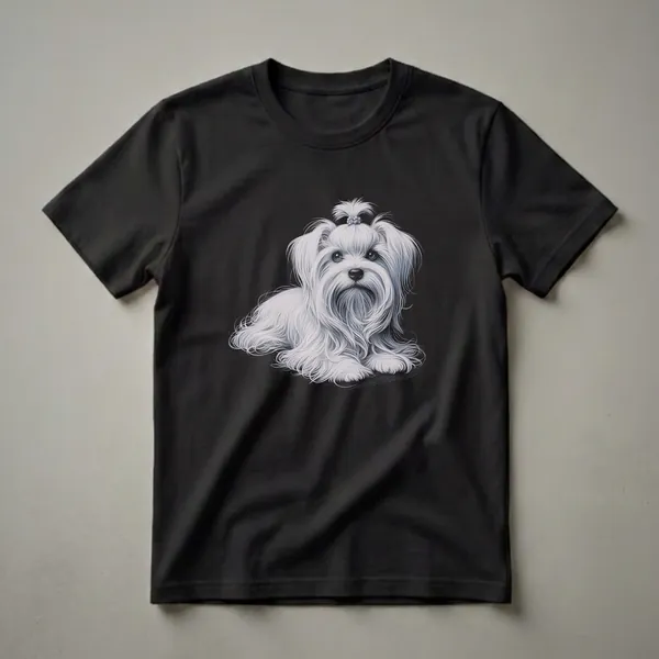 A black t-shirt featuring a detailed drawing of a white Maltese dog with blue eyes and a small bow on its head, lying down against a black background.