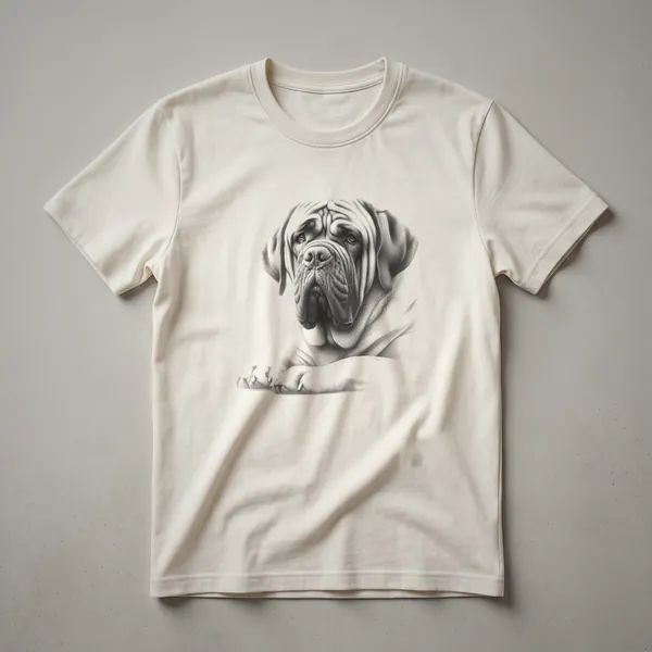 Black and white vintage drawing art t-shirt featuring the face of a Mastiff dog with detailed wrinkles and eyes.