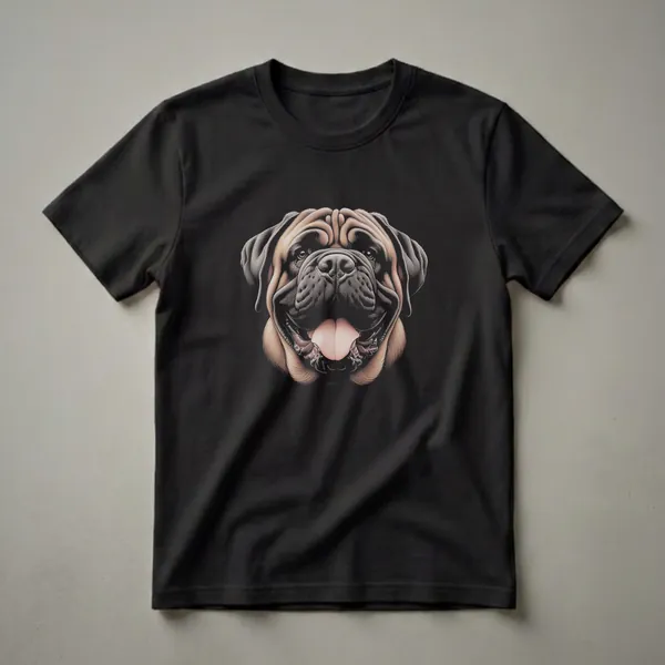 A black t-shirt featuring a realistic, detailed drawing of a Mastiff dog's face with its tongue hanging out, against a black background.