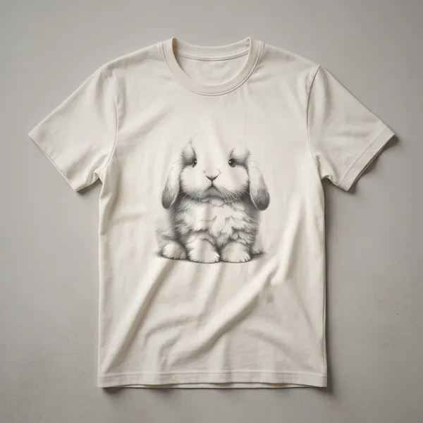 Black and white line drawing of a Mini Lop rabbit's face and front paws on a black t-shirt.