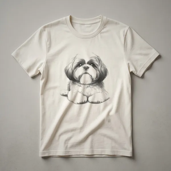 Black t-shirt with a white sketch of a Shih Tzu dog's face and paws in a vintage art style.