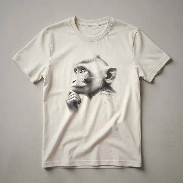 Black graphic t-shirt featuring a detailed black and white sketch of a monkey's face in profile, looking thoughtfully to the side.