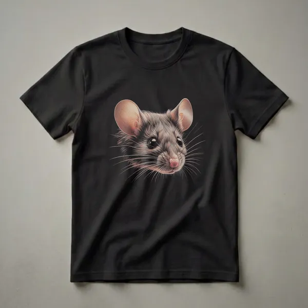A black t-shirt featuring a detailed, realistic drawing of a mouse's head with large ears, dark eyes, and prominent whiskers against a black background.