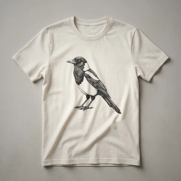 A black and white line drawing of a magpie bird standing in profile, depicted on a t-shirt.