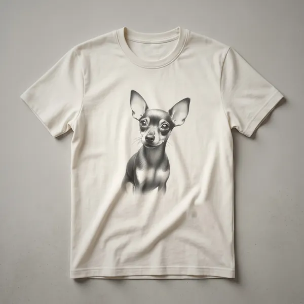 Black and white line drawing of a Miniature Pinscher dog's head and upper chest, with large ears and an alert expression, on a dark garment.