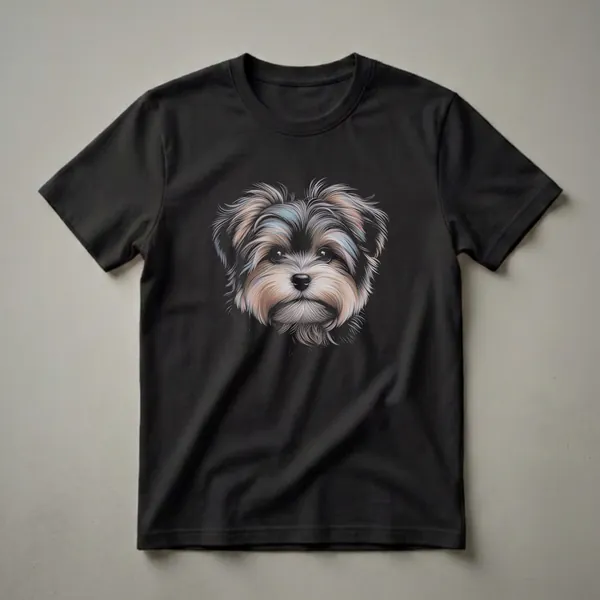Black t-shirt featuring a detailed artistic drawing of a Morkie dog's face with multi-colored fur details.