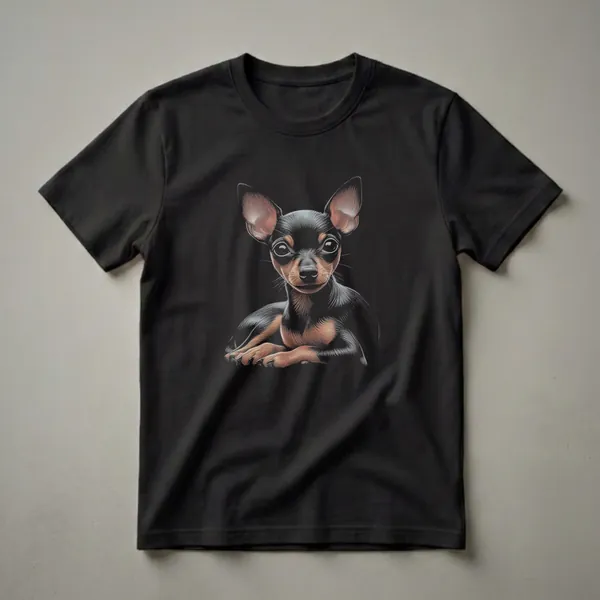 Black t-shirt with a realistic drawing of a black and tan Miniature Pinscher dog lying down, facing forward, against a black background.