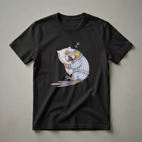 A white t-shirt featuring a drawing of a colorful macaw wearing blue and white striped pajamas and a sleep mask, sleeping on a pillow with Zzz symbols.