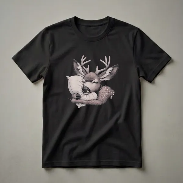 Black t-shirt featuring a detailed drawing of a mule deer with antlers, eyes closed, sleeping and hugging a white pillow.