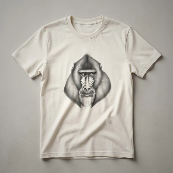 Black t-shirt with a detailed vintage line art drawing of a mandrill's face in a lighter shade, centered on the chest.