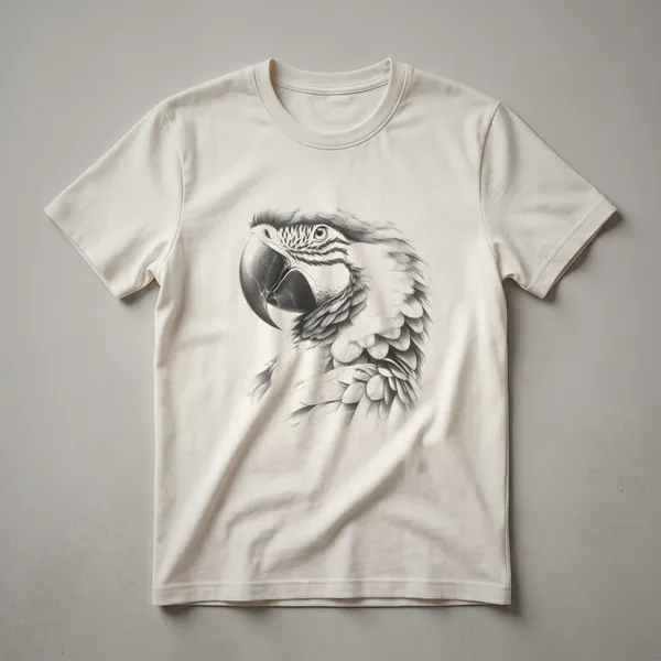Black and white line drawing of a macaw's head and neck, showcasing detailed feather patterns and its eye, on a dark t-shirt.