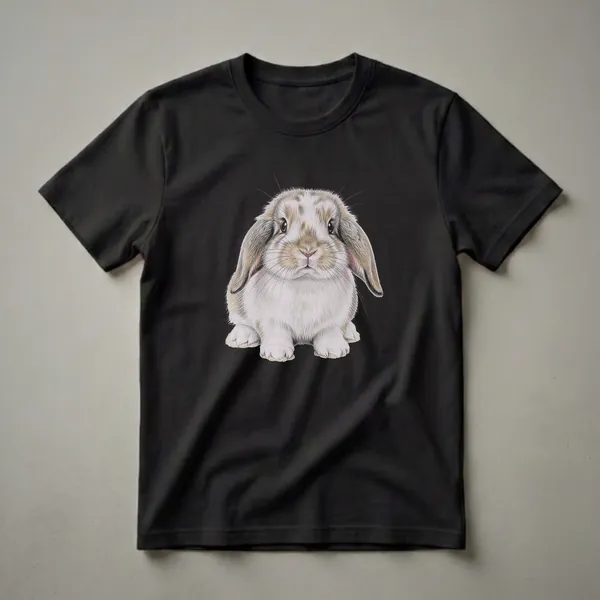 A black t-shirt featuring a colored pencil drawing of a Mini Lop rabbit with white, brown, and grey fur, and long floppy ears.