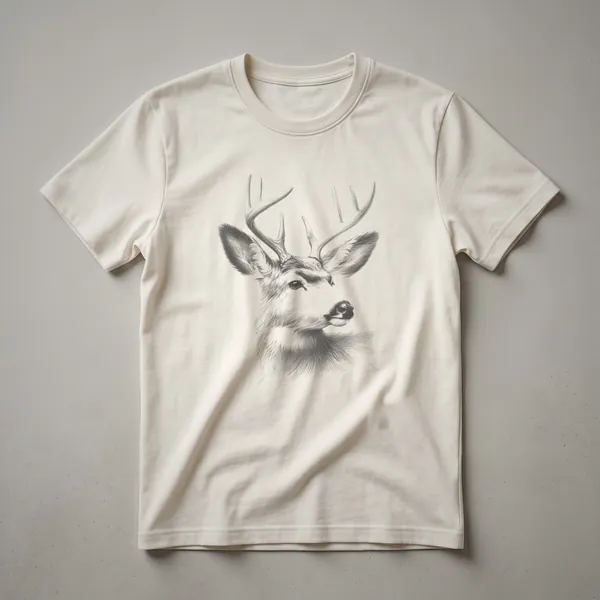 Black graphic t-shirt featuring a vintage line drawing of a mule deer's head with detailed antlers and fur texture.