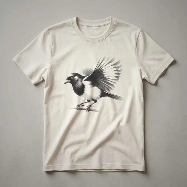 A black and white line drawing of a magpie bird in flight, with wings spread, on a dark background, suitable for a t-shirt.
