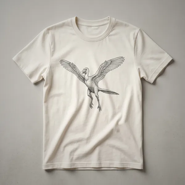 Black line drawing of a Microraptor dinosaur with wings spread, in flight, on a black t-shirt.