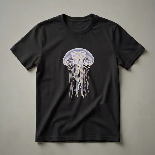 A black t-shirt featuring a detailed colored pencil drawing of a moon jellyfish with translucent bell and trailing tentacles, set against a black background.