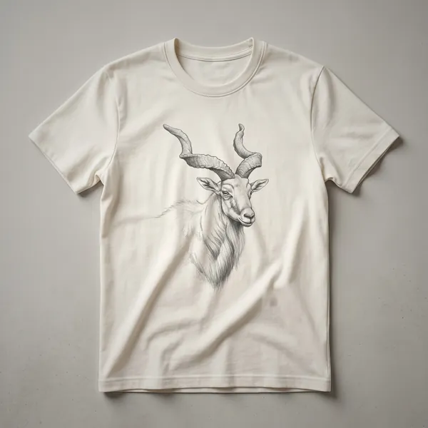 Black t-shirt with a detailed white line drawing of a Markhor's head and large, spiraling horns.