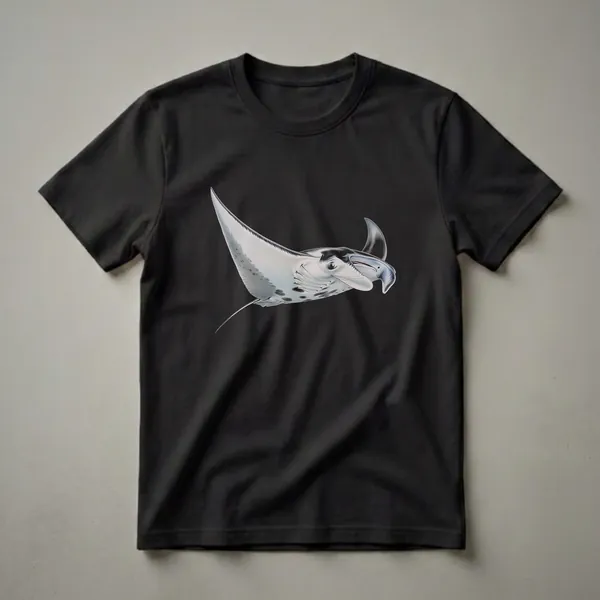 A black t-shirt featuring a detailed drawing of a manta ray with white and grey markings, swimming against a black background.