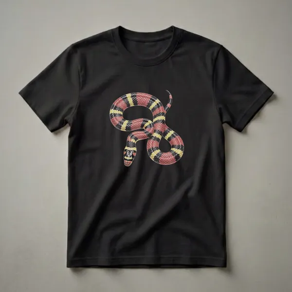 A vintage-style drawing of a milk snake with red, yellow, and black bands, coiled on a black background, printed on a t-shirt.