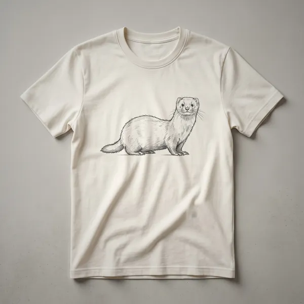 Black and white line drawing of a mink standing on a dark background, showcasing its profile and detailed fur texture.