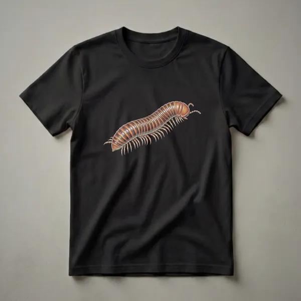 A vintage-style drawing of a brown and orange striped millipede with many legs, depicted on a black t-shirt.