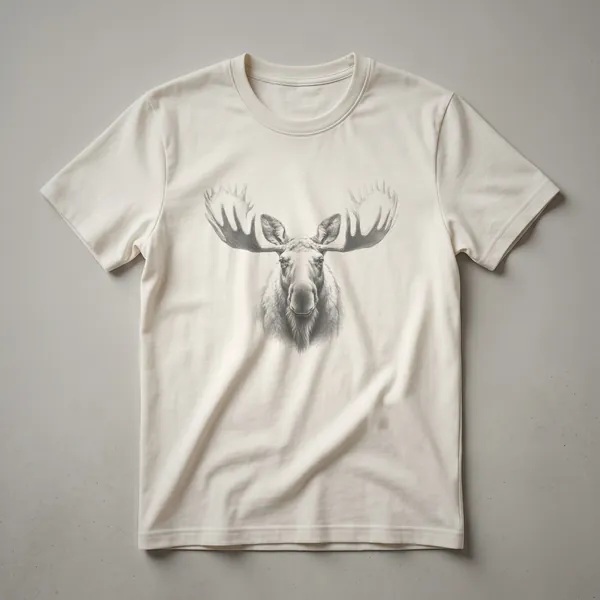 A black and white line drawing of a moose's head with large antlers, centered on a dark garment.