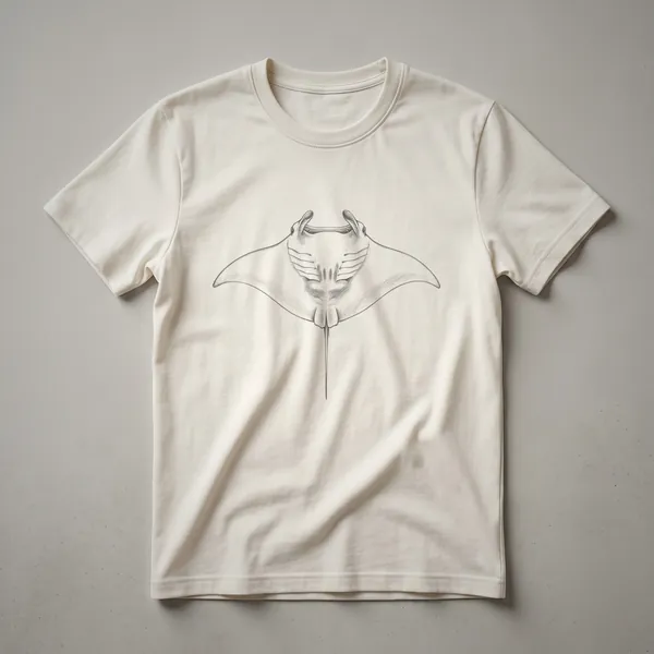 Black and white line drawing of a manta ray with its wings spread wide, depicted on a t-shirt.