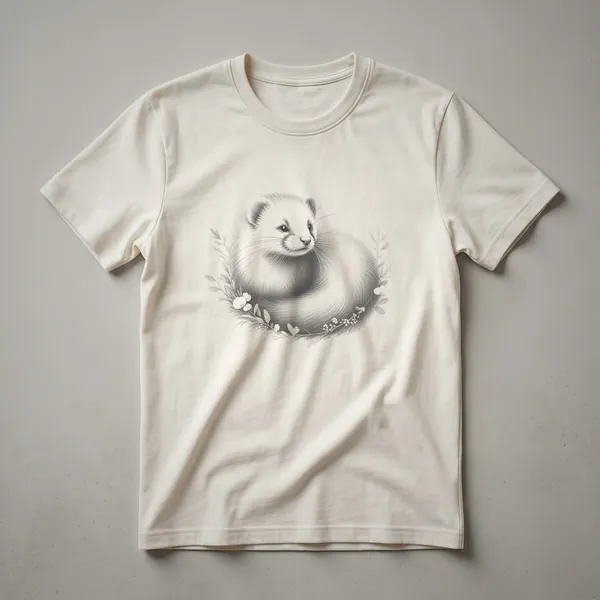 Black t-shirt featuring a sketch of a mink's face with swirling floral elements.