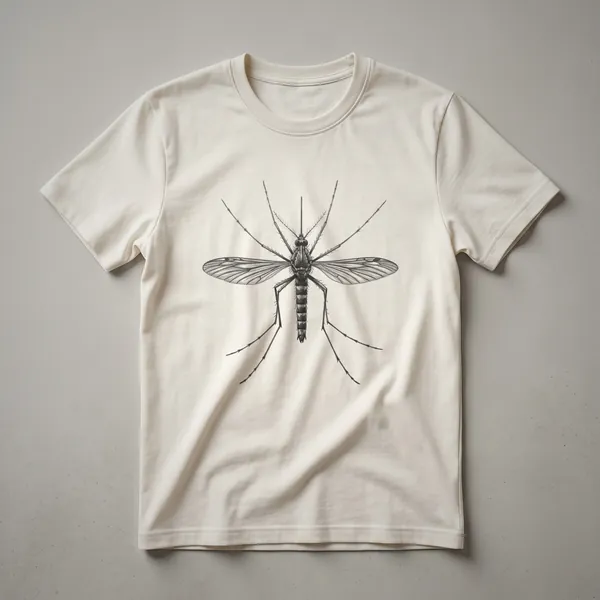 A black t-shirt with a white line drawing of a mosquito, showcasing its detailed wings, segmented body, and long legs.