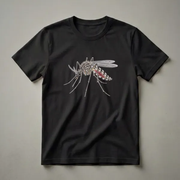 Black t-shirt featuring a detailed illustration of a mosquito with red and black banded abdomen, spread wings, and segmented legs.
