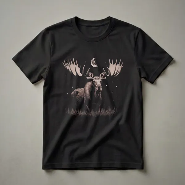 A vintage-style graphic t-shirt featuring a detailed drawing of a bull moose with large antlers, standing in tall grass with pine trees, under a dark night sky with a moon and stars.