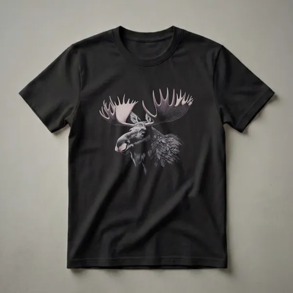 Black t-shirt featuring a detailed monochromatic drawing of a bull moose with large antlers and leafy accents on its neck.