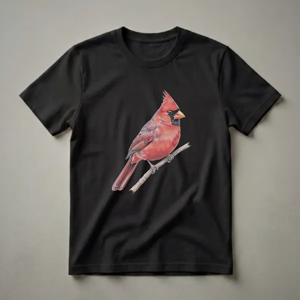 A black t-shirt featuring a detailed colored pencil drawing of a male Northern Cardinal perched on a branch, set against a black background.