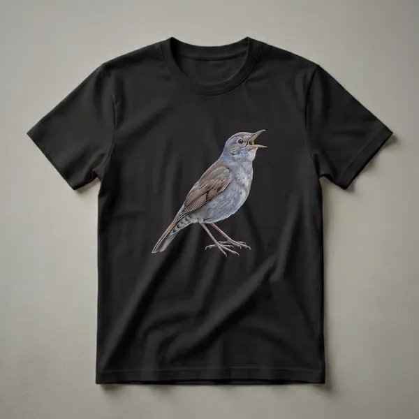 A vintage drawing of a nightingale bird with its beak open, rendered in shades of blue, gray, and brown, on a black t-shirt.