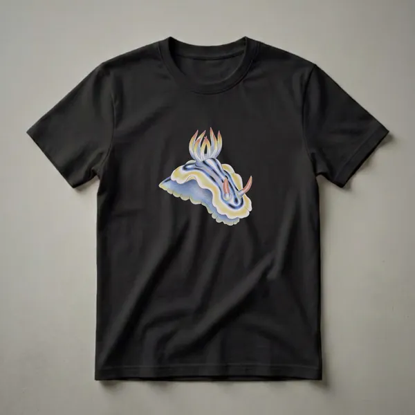 A detailed colored pencil drawing of a vibrant blue, yellow, and white nudibranch sea slug with prominent cerata and rhinophores, displayed on a black background.