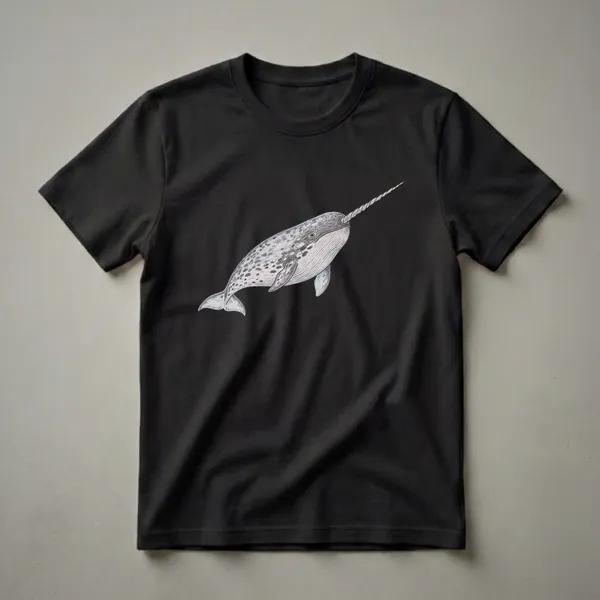 A vintage-style drawing of a narwhal, depicted in shades of grey and white with a spiraled tusk, on a black t-shirt.
